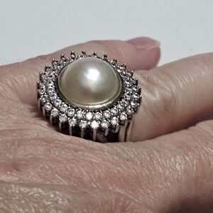 Heng Ngai Sterling Silver Faux Pearl Clear Rhinestone Cocktail Ring Sz 7